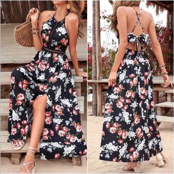 Boho Floral Print Criss Cross Crochet Maxi Dress - Picture 4 of 4